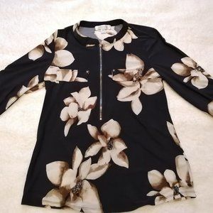 Floral, navy blue and beige zip-up blouse, size medium